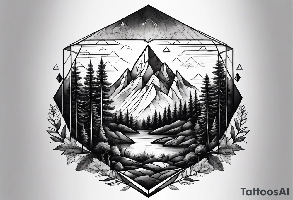 a forest along the edges with mountains below and in the distance with full trees and a diamond in the middle tattoo idea