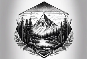 a forest along the edges with mountains below and in the distance with full trees and a diamond in the middle tattoo idea
