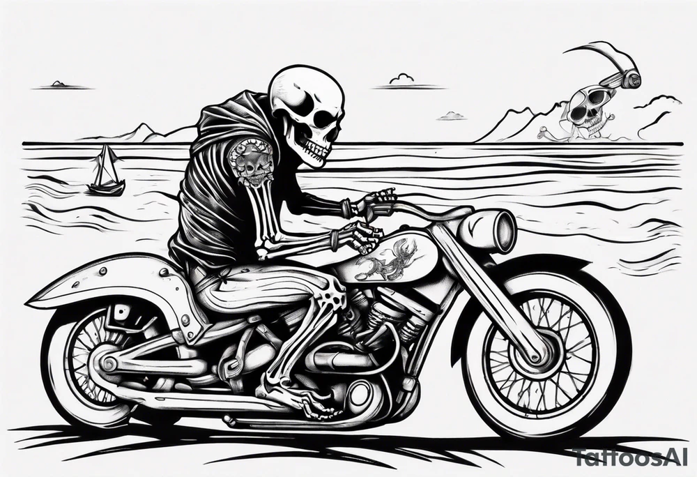 Skeleton riding motorcycle along the beach tattoo idea