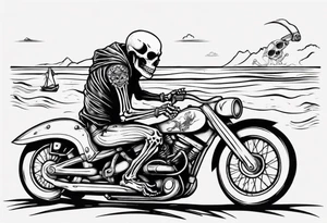 Skeleton riding motorcycle along the beach tattoo idea