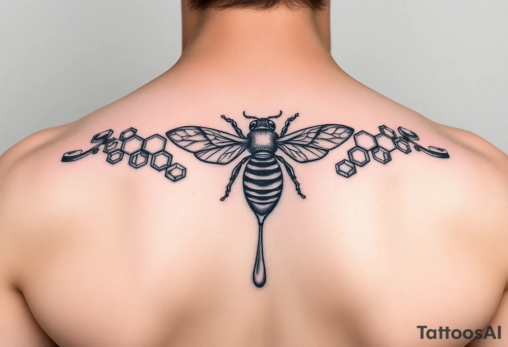 steampunk design of honeycomb with bee and dripping honey tattoo idea