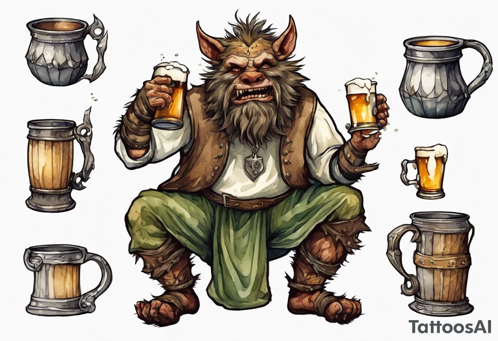 a medieval Bugbear wearing a tunic and drinking from a pewter mug of beer tattoo idea