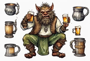 a medieval Bugbear wearing a tunic and drinking from a pewter mug of beer tattoo idea