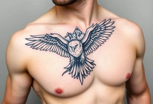 majestic eagle spreading wings against mountain peaks tattoo idea