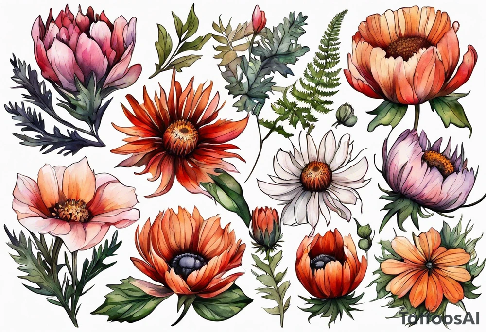wildflowers with thistles, ferns, white flowers, cream flowers, pink flowers, burnt orange flowers, red flowers and all in watercolor tattoo idea