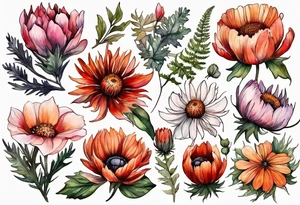 wildflowers with thistles, ferns, white flowers, cream flowers, pink flowers, burnt orange flowers, red flowers and all in watercolor tattoo idea