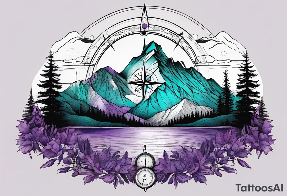 Mountain with a compass rose behind it. Teal and Purple nature in front. tattoo idea