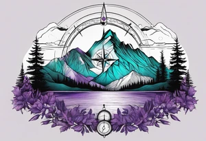 Mountain with a compass rose behind it. Teal and Purple nature in front. tattoo idea