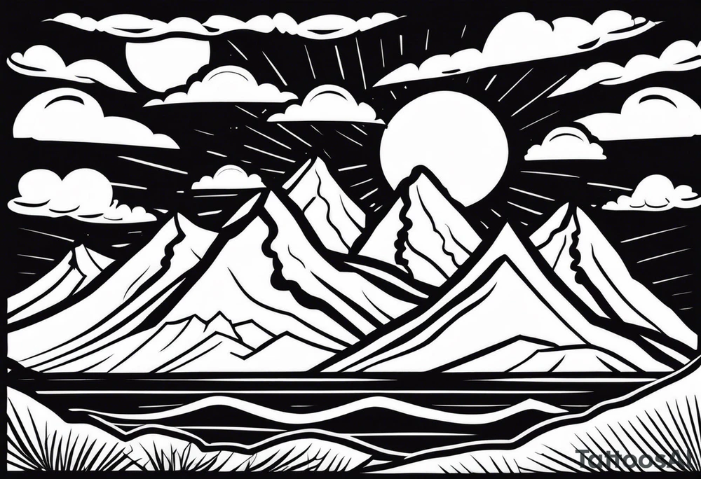 Mountains and in the mountains is a sun with sunbeams that comes out on the mountains from the mountains a river runs down tattoo idea