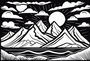 Mountains and in the mountains is a sun with sunbeams that comes out on the mountains from the mountains a river runs down tattoo idea