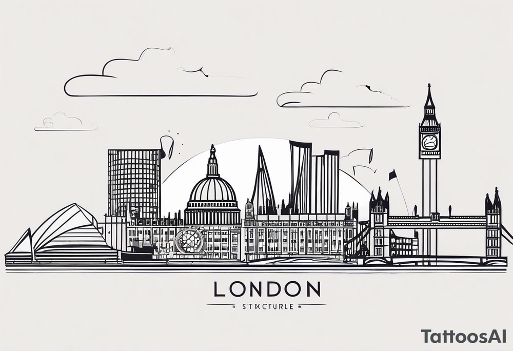 A minimalistic, abstract design capturing the architectural essence and vibe of London. Key elements of London’s skyline and structure are hinted at with clean lines, and subtle detailing includes personal touches, like a nod to Feid’s signature look (hat, glasses, mustache), integrated discreetly to honor a memorable concert experience. tattoo idea