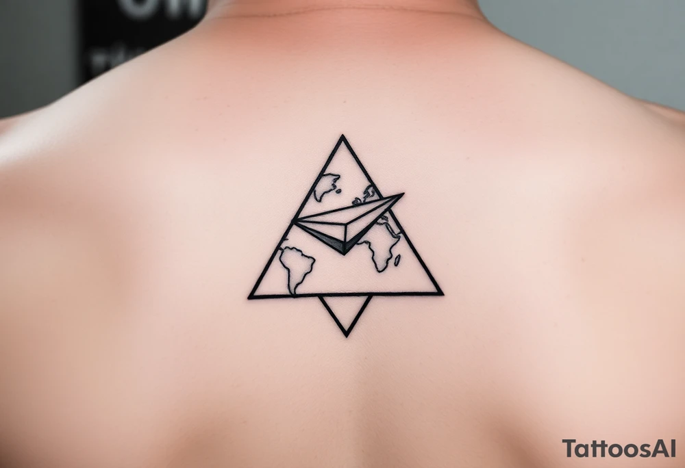 Small geometric triangle with a geometric paper plane going around the world with thin fine lines tattoo idea