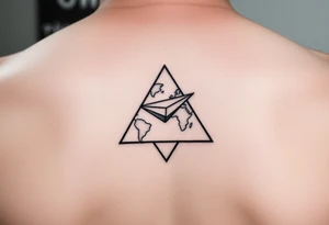 Small geometric triangle with a geometric paper plane going around the world with thin fine lines tattoo idea