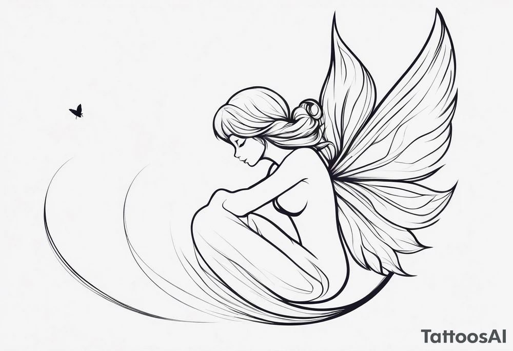 Minimalistic, monochromatic fairy with a tail flying to the left in a fetal position, leaning and looking in the same direction, with visible hands, embodying the 'Fairy Tail' logo aesthetic. tattoo idea