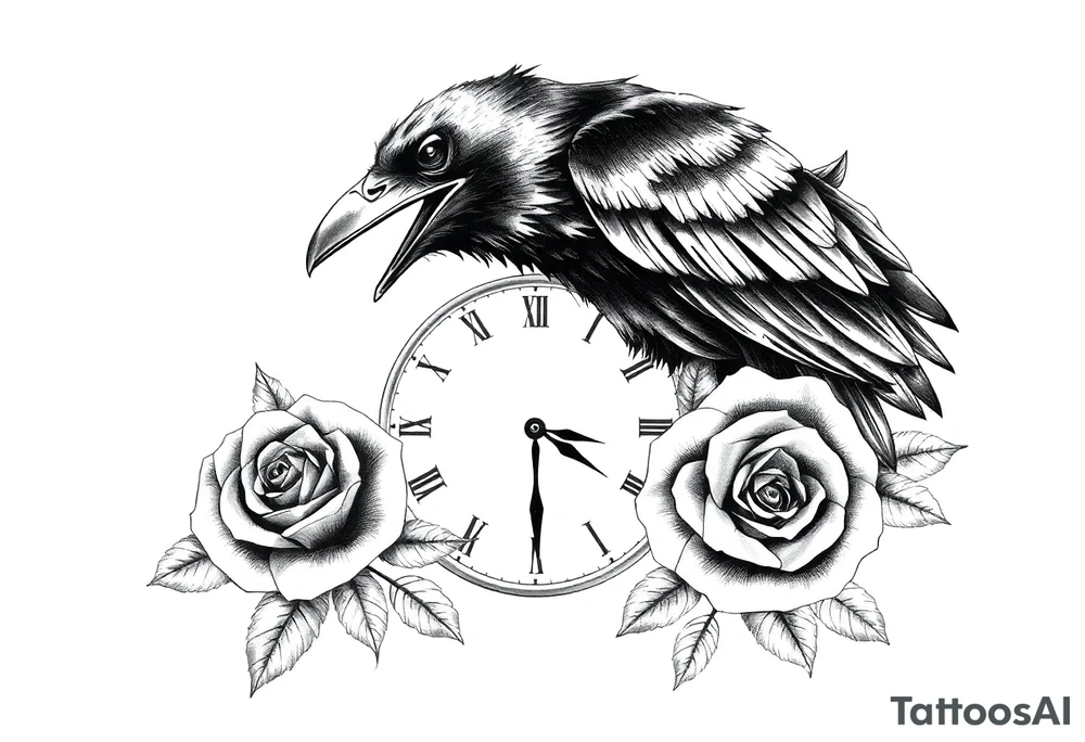 raven,roses,clock. tattoo idea