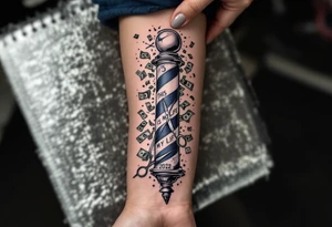 Barber Pole with scissors raining money 
           THIS IS MY LIFE 
                      (2022) tattoo idea