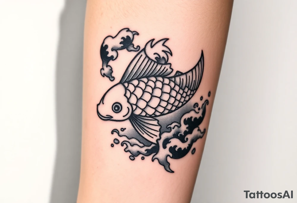 traditional koi fish swimming upstream through turbulent waves tattoo idea