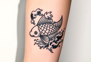 traditional koi fish swimming upstream through turbulent waves tattoo idea