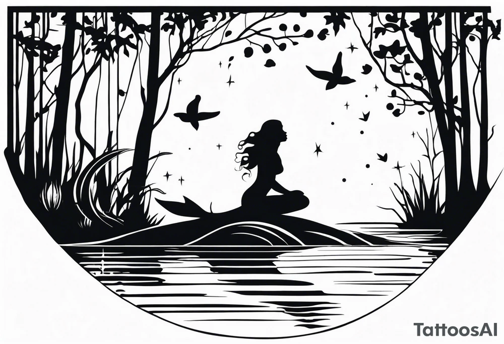 Mermaid silhouette in a swamp with trees and music. tattoo idea