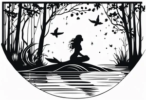 Mermaid silhouette in a swamp with trees and music. tattoo idea