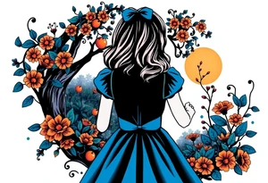 Alice (from Alice in wonderland) silhouette wearing a blue dress. Perspective from the back. She is entering a garden and seeing an orange tree. tattoo idea