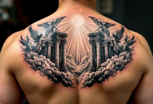 gates of heaven surrounded by angels clouds and rays of light tattoo idea