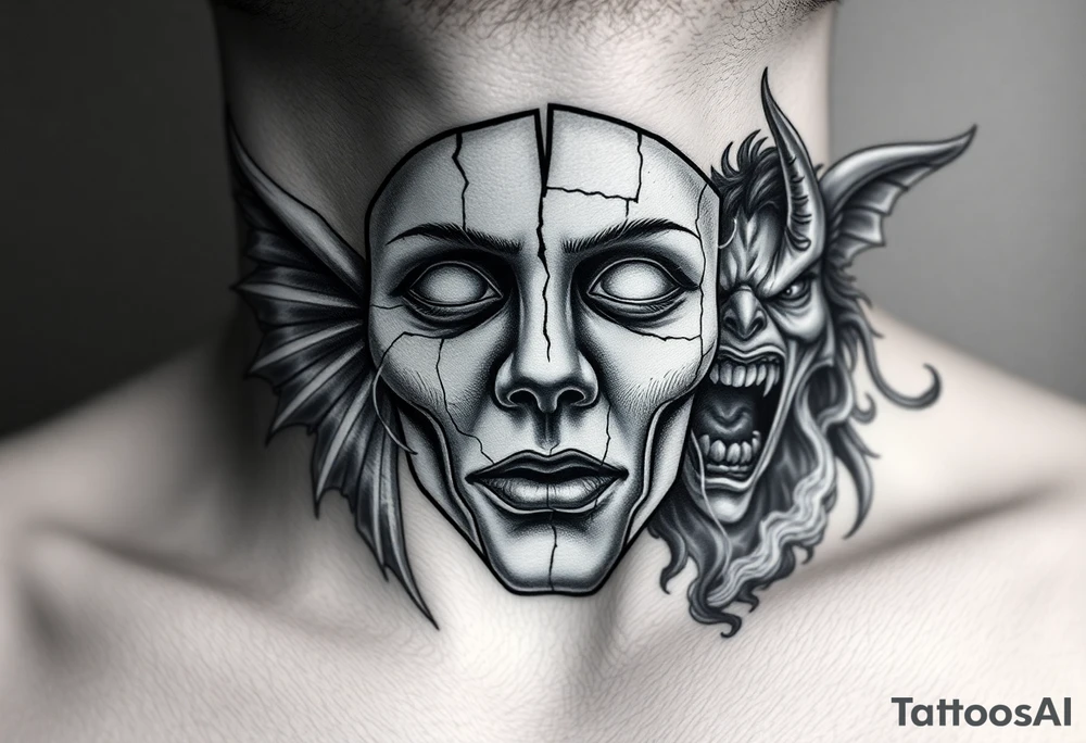Realistic black and grey neck tattoo design. In the center of the throat, a human mask made of cracked stone or porcelain with natural facial features. The mask is breaking apart from the pressure of both sides — a screaming angel on the left and a screaming demon on the right. From the cracks on the angel’s side, soft white and blue light emerges; from the demon’s side, dark smoke and shadow flow out. The mask’s fragments slightly detach, revealing inner light and darkness mixing at the center. Highly detailed realism with strong contrast, fine shading, emotional and symbolic atmosphere, representing the true self shattered by the inner battle between good and evil. tattoo idea