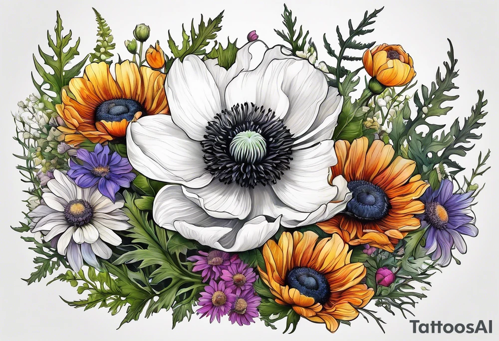 one white anemone with black center in the middle of mixed colorful wildflowers all with different shapes including thistles, ferns, ranuculus, and sun flowers tattoo idea