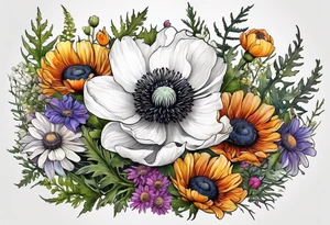 one white anemone with black center in the middle of mixed colorful wildflowers all with different shapes including thistles, ferns, ranuculus, and sun flowers tattoo idea