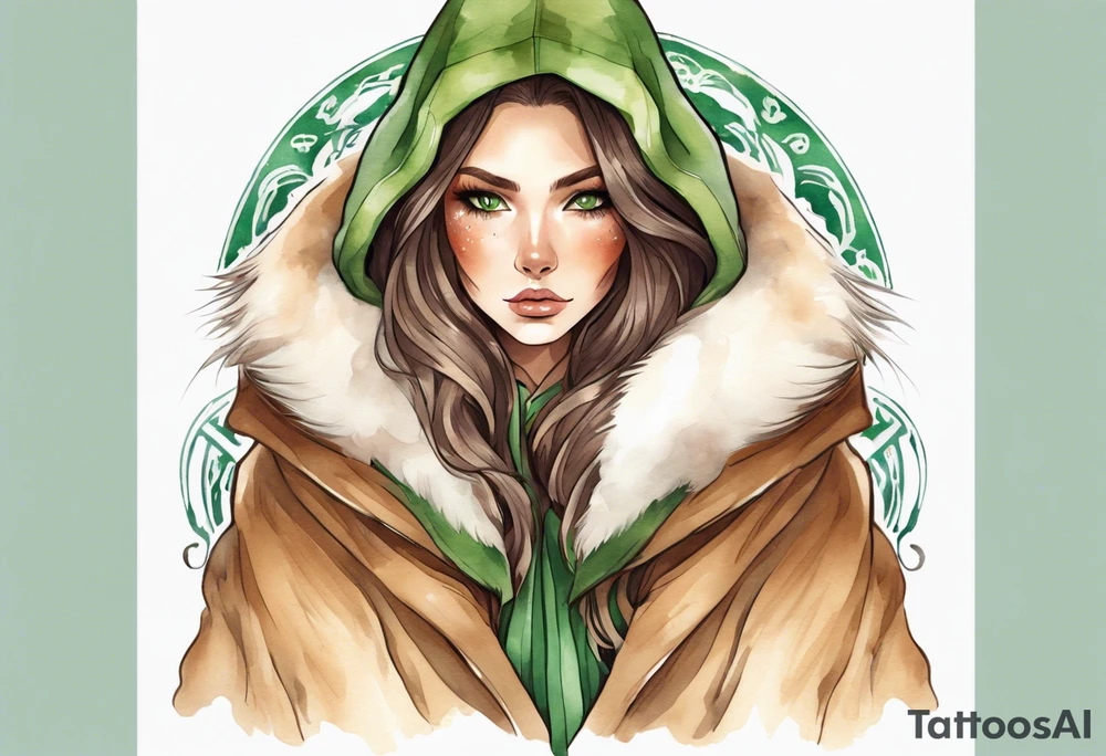 a tan woman with long brown hair  and green eyes wearing a fur cloak tattoo idea