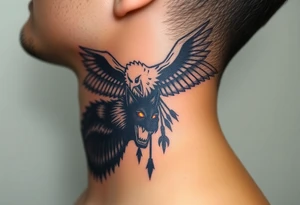 A fierce eagle locked in battle with a black wolf, their eyes glowing red and gold, creating an intense contrast tattoo idea