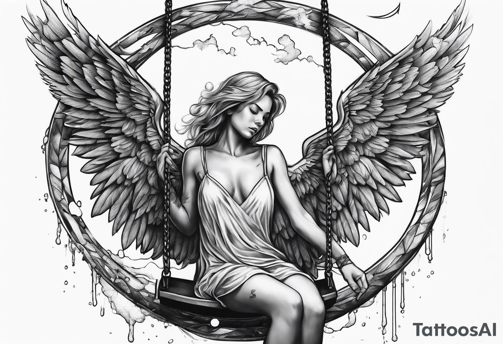 crying broken angel on swing tattoo idea