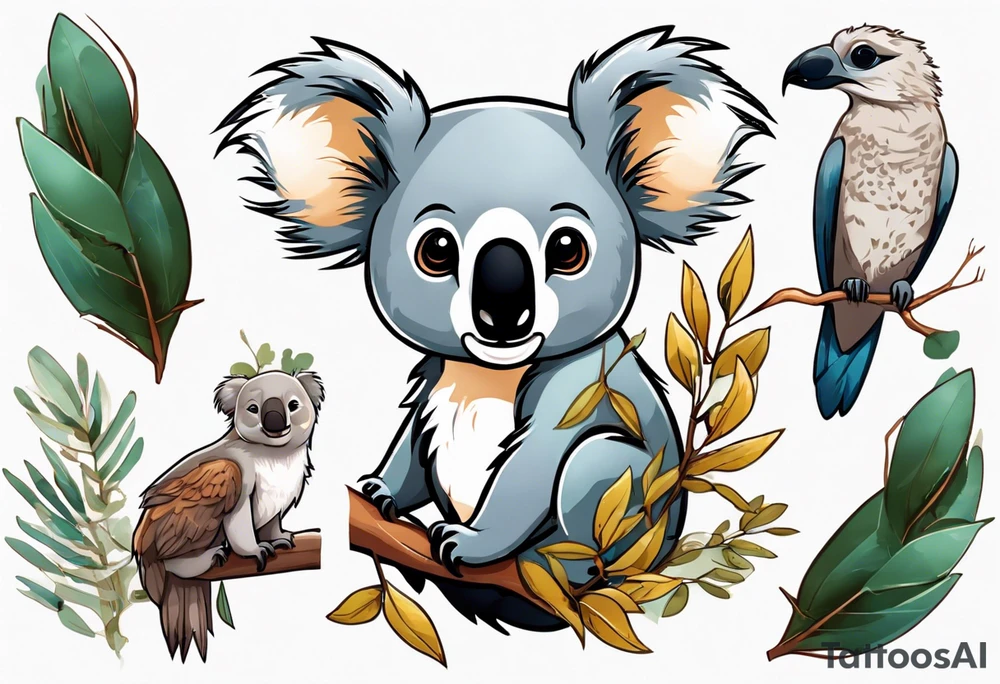 A koala with a kookaburra with eucalyptus leaves and wattle leaves tattoo idea