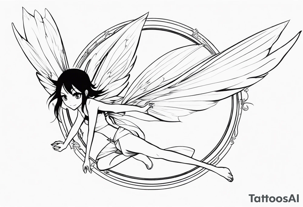 No color sketch of a fairy with a tail inspired by the guild symbol in the anime show called Fairy Tail in a fetal position leaning forward while crawled in and her body is an angle while floating in the air with big wings tattoo idea
