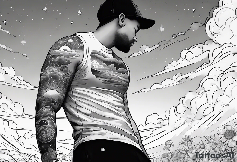 I want a arm sleeve where the sky is the background like the Calvin and Hobbes picture of them looking up at the sky tattoo idea