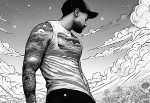 I want a arm sleeve where the sky is the background like the Calvin and Hobbes picture of them looking up at the sky tattoo idea