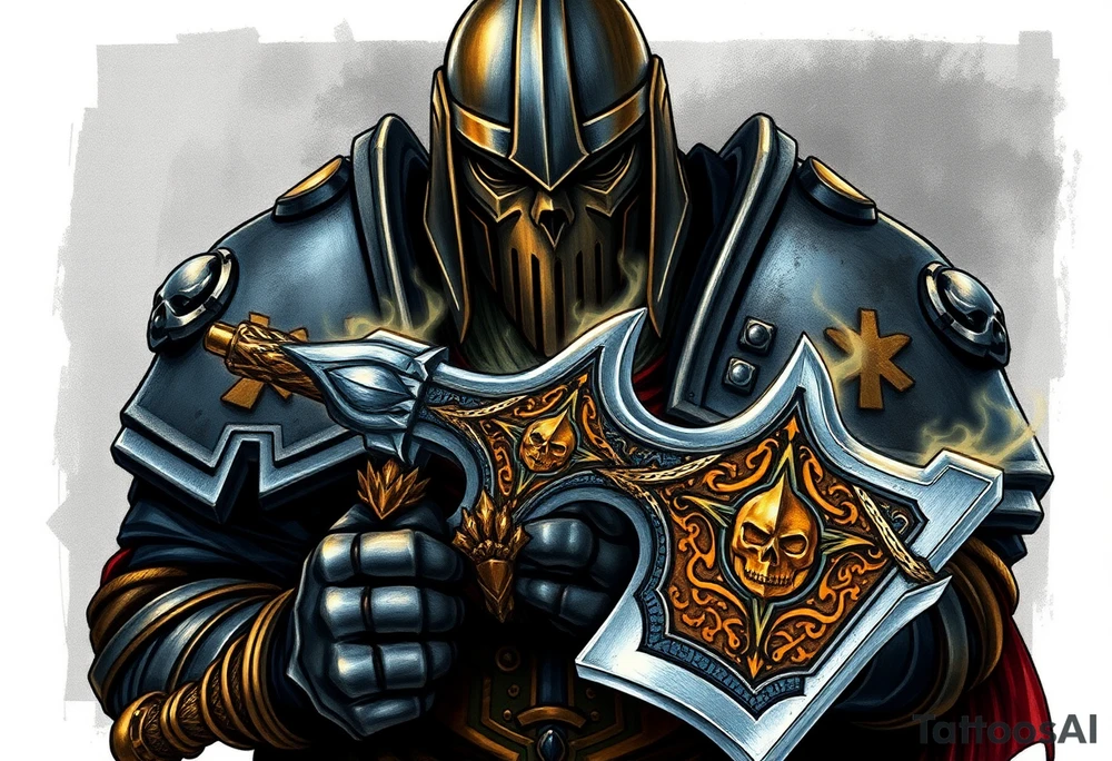 Warhammer, the Old World. A warrior priest of Sigmar holding "The Warhammer of Sigmar" or known as Ghal Maraz. The Warhammer of Sigmar is radiating thunderous energy. The warhammer is held by the warrior priest with both gripping hands at the shaft, upon his chest level. The Warrior priest is wearing dark alloyed heavy armour (reference armor from warhammer vermintide 2 Victor Saltzpyres, the warrior priest of Sigmar class) with skull sigils on his shoulder pads. The warrior priest is wearing a helmet, while the helmets front visor has an humanoid metal face covering. The helmet and armour are gladened with hints of gold and crimson red. The Warhammer is silverish and golden with a long shaft with twisted carvings. tattoo idea