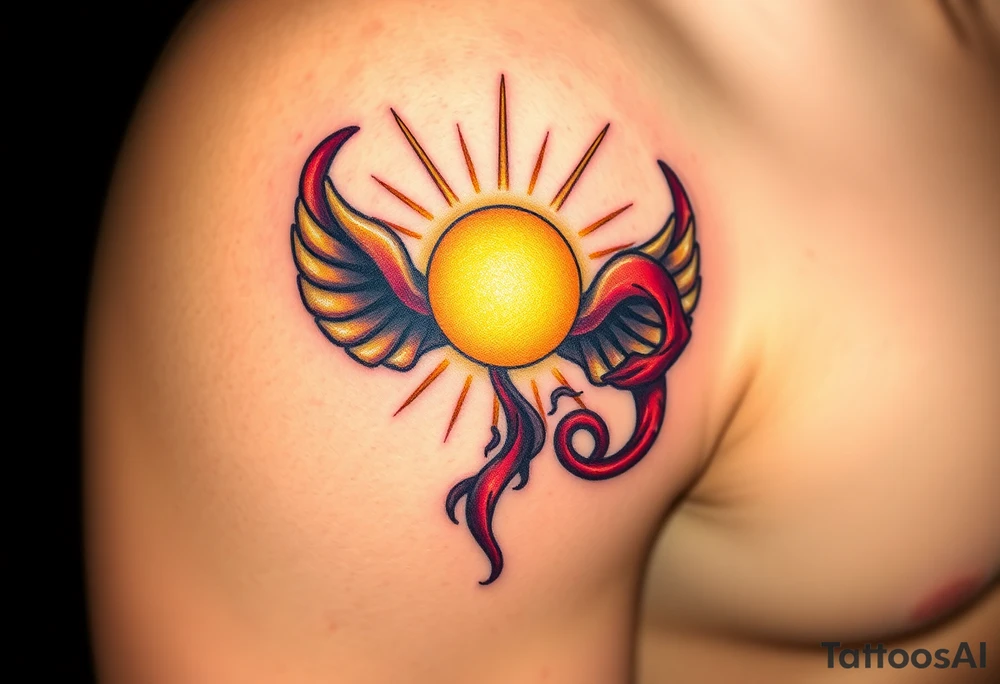 A shining golden angelic halo, surrounded by light and rays of peace, clashing with red, twisted horns curling from the opposite side, dark and menacing, with smoke and shadows, symbolizing a battle between holiness and temptation. tattoo idea