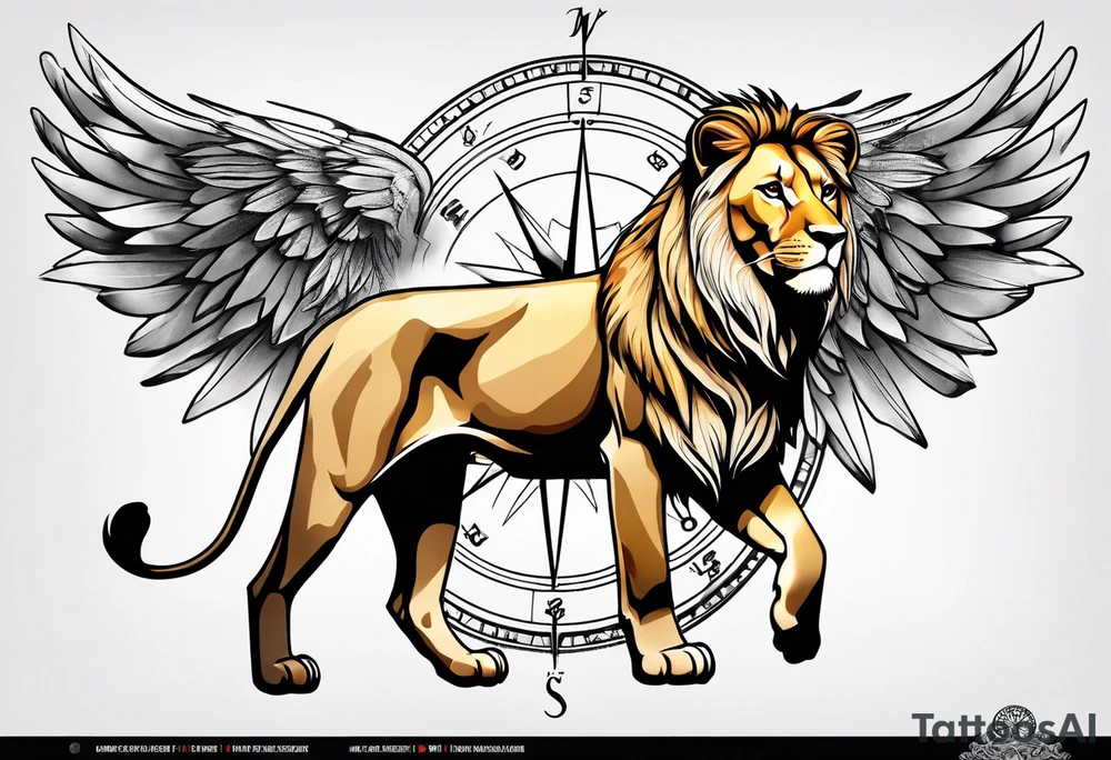Lioness with wings compass tattoo idea