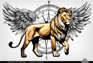Lioness with wings compass tattoo idea