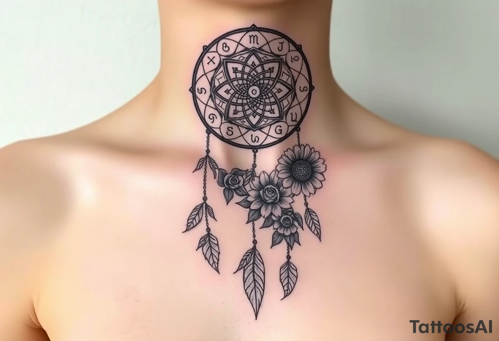 Dreamcatcher with zodiac symbols and protection runes caught in it with tigerlillies roses and sunflowers tattoo idea