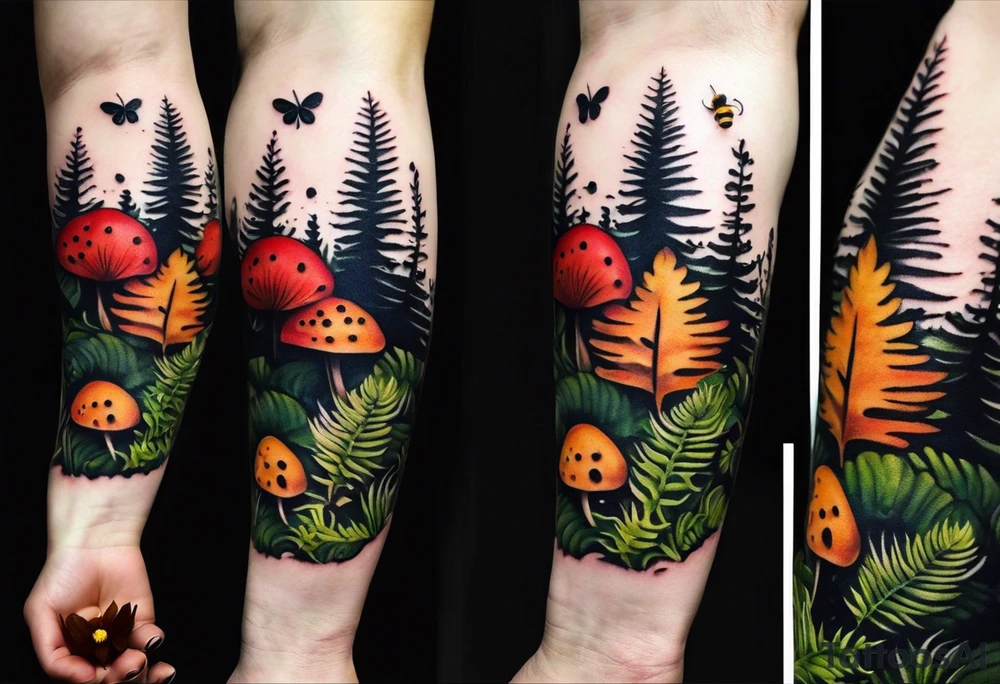 minimalistic forest floor inspired tattoo, which includes grass, moss, curly ferns and dead leaves as the bulk of the tattoo. details to include: forest berries, couple of very small brown mushrooms, a tiny bumblebee flying nearby tattoo idea