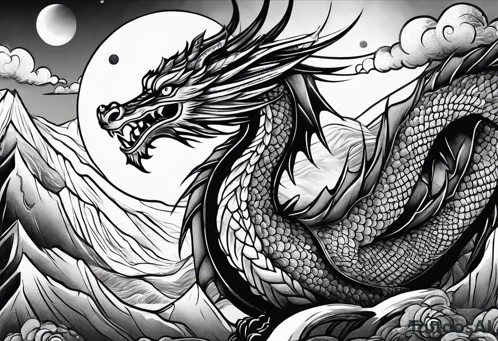 Mexican dragon flying over a mountain and around the moon arm sleeve tattoo idea