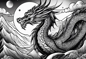 Mexican dragon flying over a mountain and around the moon arm sleeve tattoo idea