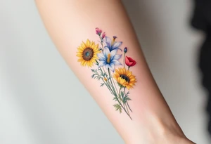 Small watercolour style bunch of wild flowers including lillium orientalis, sunflowers, poppies and peonies to be placed on forearm tattoo idea