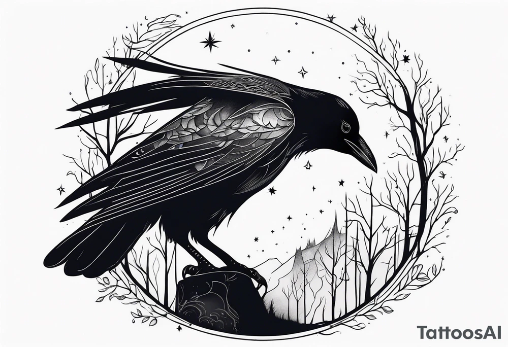 Raven in flifht, head down, knowing, ethereal, moon stars and trees in the background tattoo idea