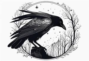 Raven in flifht, head down, knowing, ethereal, moon stars and trees in the background tattoo idea
