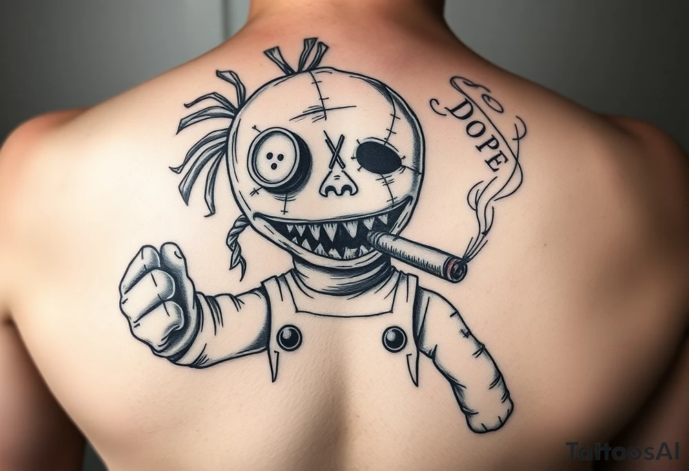Stitched up rag doll with a button as one eye and some thread as the other. Scary. Warn down. Razor like shark teeth with blood dripping. Holding some money in one hand and a cigar in the other hand. Smoke pouring off the cigar with the cloud of smoke above spelling out the word DOPE tattoo idea