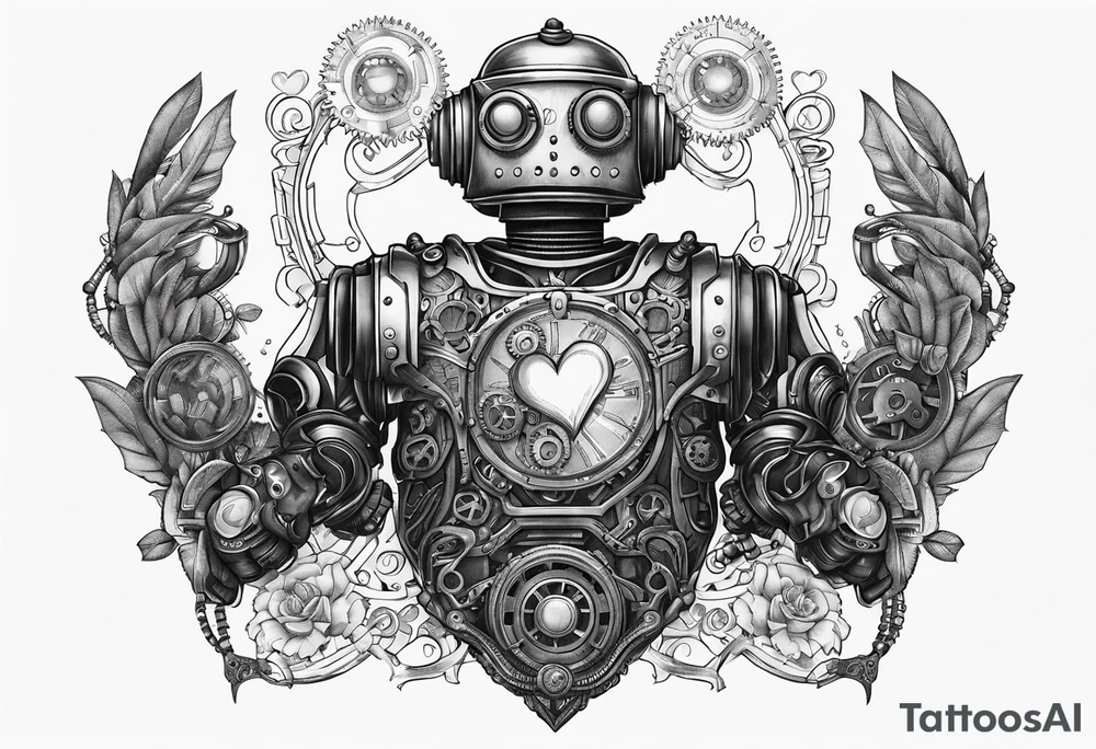 steampunk robot holding a beating heart in hands tattoo idea