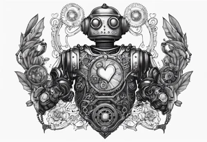 steampunk robot holding a beating heart in hands tattoo idea